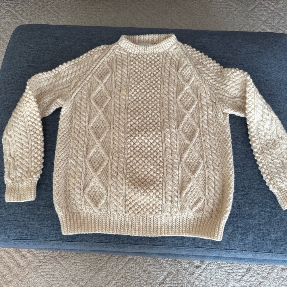 Irish Aran Handknit Wool Ivory Sweater for Men